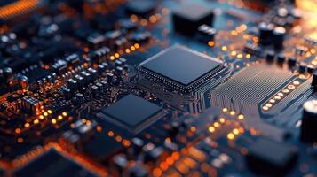 Detailed macro shot of a glowing microchip on a computer circuit board, highlighting technology, electronics, and modern computing photo