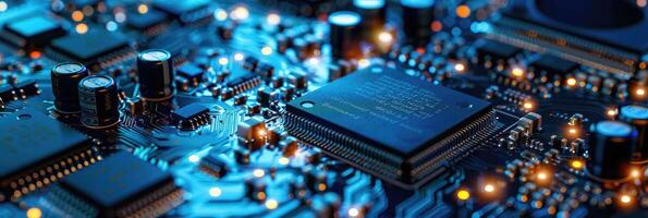 Detailed macro shot of a glowing microchip on a computer circuit board, highlighting technology, electronics, and modern computing photo