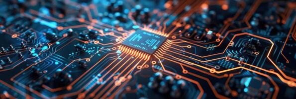 Detailed macro shot of a glowing microchip on a computer circuit board, highlighting technology, electronics, and modern computing photo