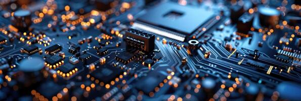 Detailed macro shot of a glowing microchip on a computer circuit board, highlighting technology, electronics, and modern computing photo