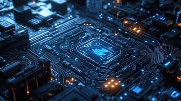 Detailed macro shot of a glowing microchip on a computer circuit board, highlighting technology, electronics, and modern computing photo