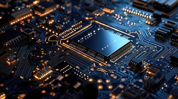 Detailed macro shot of a glowing microchip on a computer circuit board, highlighting technology, electronics, and modern computing photo