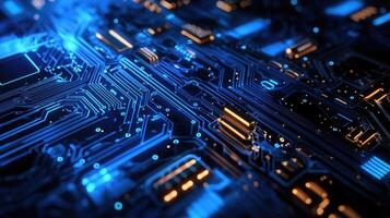 Detailed macro shot of a glowing microchip on a computer circuit board, highlighting technology, electronics, and modern computing photo