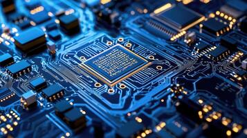 Detailed macro shot of a glowing microchip on a computer circuit board, highlighting technology, electronics, and modern computing photo
