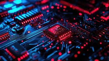Detailed macro shot of a glowing microchip on a computer circuit board, highlighting technology, electronics, and modern computing photo