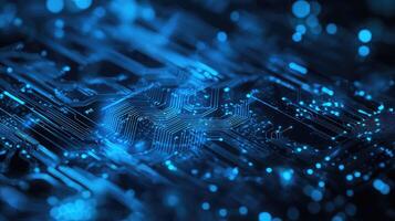 Detailed macro shot of a glowing microchip on a computer circuit board, highlighting technology, electronics, and modern computing photo