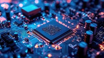 Detailed macro shot of a glowing microchip on a computer circuit board, highlighting technology, electronics, and modern computing photo
