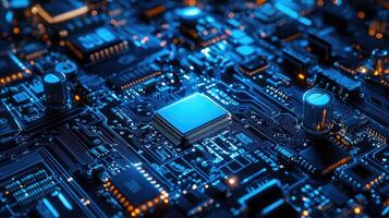 Detailed macro shot of a glowing microchip on a computer circuit board, highlighting technology, electronics, and modern computing photo
