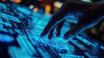 Detailed macro shot of a glowing microchip on a computer circuit board, highlighting technology, electronics, and modern computing photo