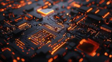 Detailed macro shot of a glowing microchip on a computer circuit board, highlighting technology, electronics, and modern computing photo