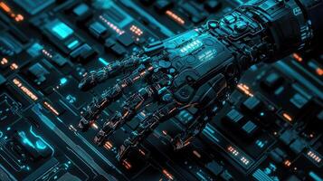 Detailed macro shot of a glowing microchip on a computer circuit board, highlighting technology, electronics, and modern computing photo