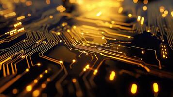 Detailed macro shot of a glowing microchip on a computer circuit board, highlighting technology, electronics, and modern computing photo