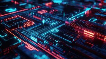 Detailed macro shot of a glowing microchip on a computer circuit board, highlighting technology, electronics, and modern computing photo