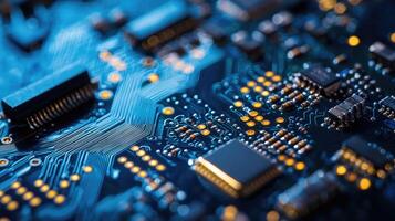 Detailed macro shot of a glowing microchip on a computer circuit board, highlighting technology, electronics, and modern computing photo