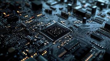 Detailed macro shot of a glowing microchip on a computer circuit board, highlighting technology, electronics, and modern computing photo