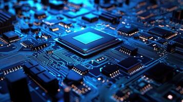 Detailed macro shot of a glowing microchip on a computer circuit board, highlighting technology, electronics, and modern computing photo