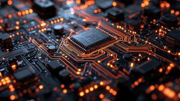Detailed macro shot of a glowing microchip on a computer circuit board, highlighting technology, electronics, and modern computing photo