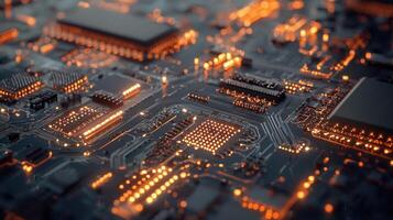 Detailed macro shot of a glowing microchip on a computer circuit board, highlighting technology, electronics, and modern computing photo