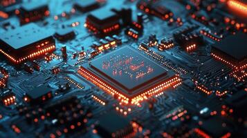 Detailed macro shot of a glowing microchip on a computer circuit board, highlighting technology, electronics, and modern computing photo