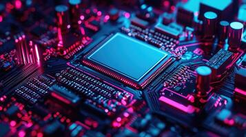 Detailed macro shot of a glowing microchip on a computer circuit board, highlighting technology, electronics, and modern computing photo