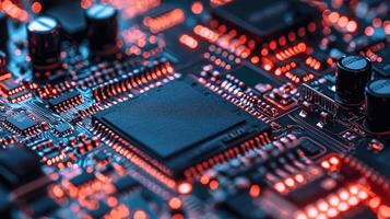 Detailed macro shot of a glowing microchip on a computer circuit board, highlighting technology, electronics, and modern computing photo
