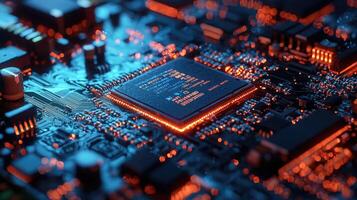 Detailed macro shot of a glowing microchip on a computer circuit board, highlighting technology, electronics, and modern computing photo