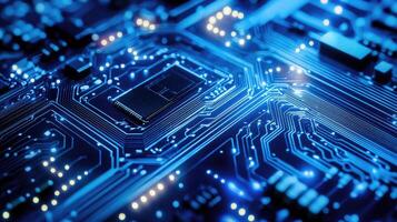 Detailed macro shot of a glowing microchip on a computer circuit board, highlighting technology, electronics, and modern computing photo
