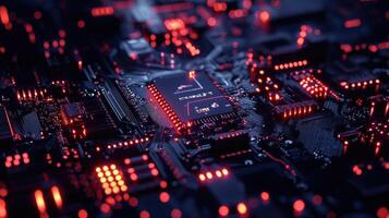 Detailed macro shot of a glowing microchip on a computer circuit board, highlighting technology, electronics, and modern computing photo