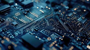 Detailed macro shot of a glowing microchip on a computer circuit board, highlighting technology, electronics, and modern computing photo