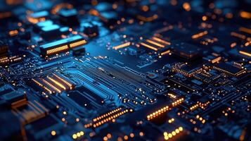Detailed macro shot of a glowing microchip on a computer circuit board, highlighting technology, electronics, and modern computing photo