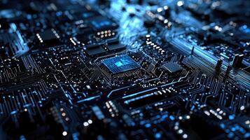 Detailed macro shot of a glowing microchip on a computer circuit board, highlighting technology, electronics, and modern computing photo