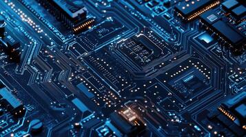 Detailed macro shot of a glowing microchip on a computer circuit board, highlighting technology, electronics, and modern computing photo