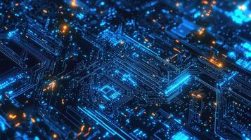 Detailed macro shot of a glowing microchip on a computer circuit board, highlighting technology, electronics, and modern computing photo
