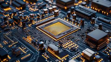 Detailed macro shot of a glowing microchip on a computer circuit board, highlighting technology, electronics, and modern computing photo