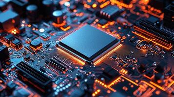 Detailed macro shot of a glowing microchip on a computer circuit board, highlighting technology, electronics, and modern computing photo
