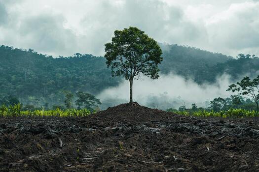 A single tree stands in a freshly plowed field, highlighting deforestation and agricultural expansion against a backdrop of clouds and forest photo