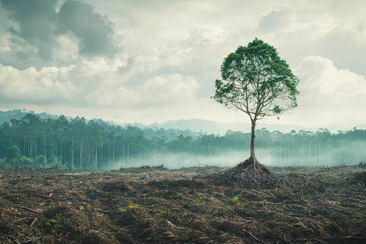 A single tree stands in a freshly plowed field, highlighting deforestation and agricultural expansion against a backdrop of clouds and forest photo