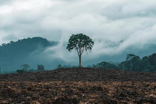 A single tree stands in a freshly plowed field, highlighting deforestation and agricultural expansion against a backdrop of clouds and forest photo