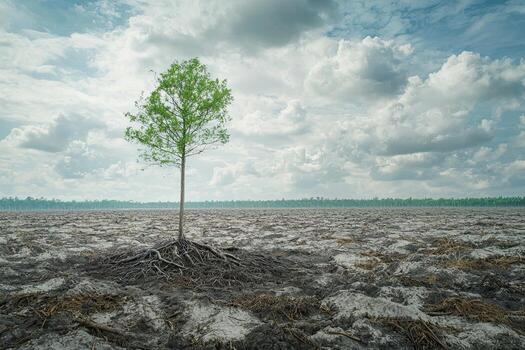 A single tree stands in a freshly plowed field, highlighting deforestation and agricultural expansion against a backdrop of clouds and forest photo