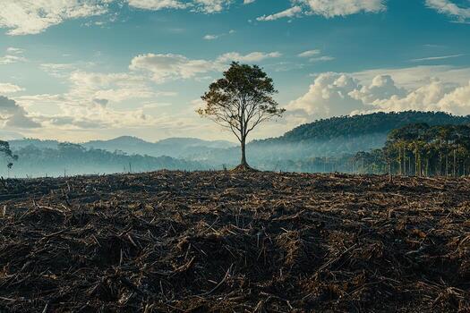 A single tree stands in a freshly plowed field, highlighting deforestation and agricultural expansion against a backdrop of clouds and forest photo