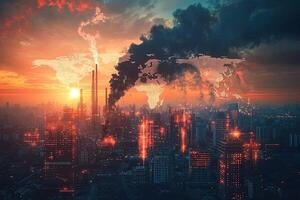 A large industrial complex emitting thick smoke under a vibrant sunset, highlighting urban pollution and environmental impact concerns. photo