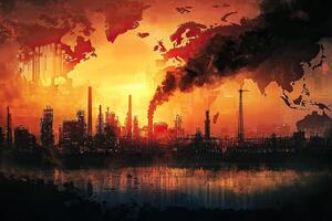 A large industrial complex emitting thick smoke under a vibrant sunset, highlighting urban pollution and environmental impact concerns. photo