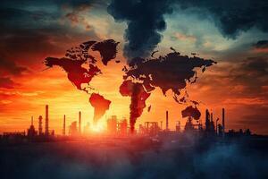 A large industrial complex emitting thick smoke under a vibrant sunset, highlighting urban pollution and environmental impact concerns. photo