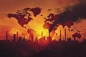 A large industrial complex emitting thick smoke under a vibrant sunset, highlighting urban pollution and environmental impact concerns. photo