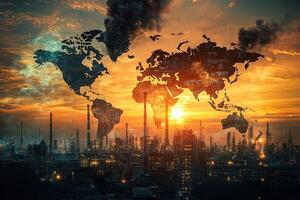 A large industrial complex emitting thick smoke under a vibrant sunset, highlighting urban pollution and environmental impact concerns. photo