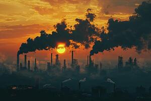 A large industrial complex emitting thick smoke under a vibrant sunset, highlighting urban pollution and environmental impact concerns. photo