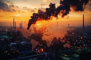 A large industrial complex emitting thick smoke under a vibrant sunset, highlighting urban pollution and environmental impact concerns. photo