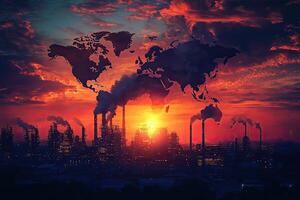 A large industrial complex emitting thick smoke under a vibrant sunset, highlighting urban pollution and environmental impact concerns. photo