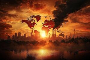 A large industrial complex emitting thick smoke under a vibrant sunset, highlighting urban pollution and environmental impact concerns. photo
