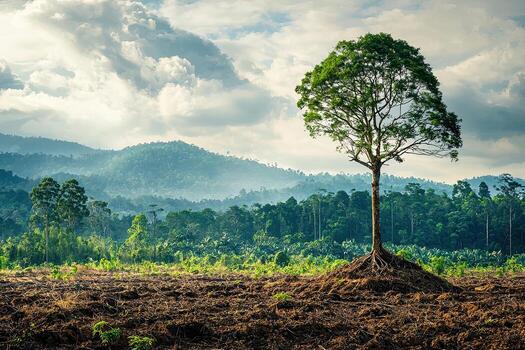 A single tree stands in a freshly plowed field, highlighting deforestation and agricultural expansion against a backdrop of clouds and forest photo